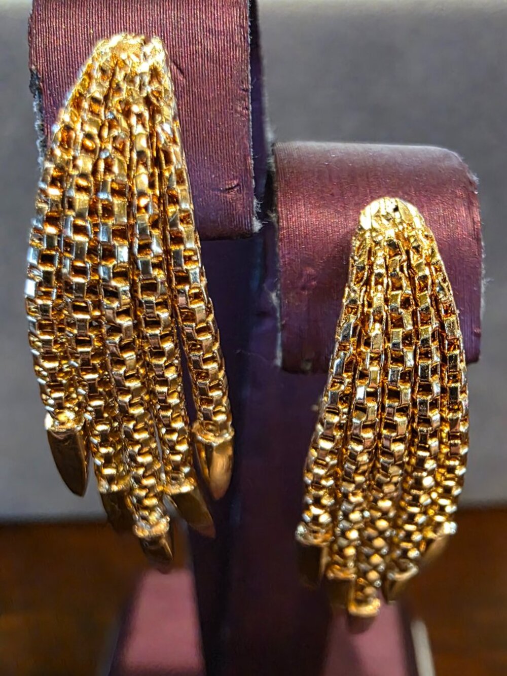 Italy 18K Yellow Gold Multi-Row Textured Mesh Spiked Tassel Omega Post Earrings
